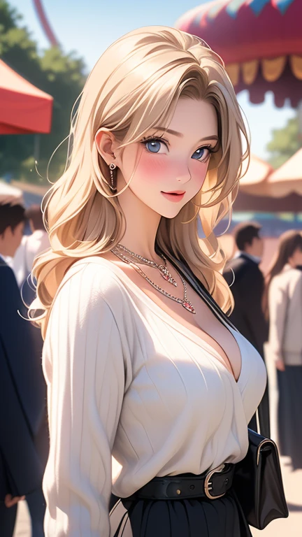 ((chef-d&#39;œuvre, la plus haute qualité, haute résolution, Hmm, RTX, pixel parfait, Profondeur des limites écrites, 4k, très détaillé))), 1 fille, célibataire, seul, belle fille animée, Beau style artistique, personnage d&#39;anime, ((cheveux longs, Frange séparée, frange de la partie médiane, cheveux blond)), ((yeux bleus:1.4, Yeux ronds, de beaux cils, Réaliste eyes)), ((Visage détaillé, rougir:1.2)), ((texture lisse:0.75, Réaliste texture:0.65, Réaliste:1.1, Style d&#39;animation de synthèse, couleurs vives)), ((seins moyens, clivage:0.9, Gros seins)), Angle dynamique, corps parfait, ((lancer, pose dynamique, fermer)), ((Pull blanc, Manche longue, jupe noire, Ceintures pour femmes, Élégant, célibataire handbag, 1 collier de diamants)), Ouvrez la bouche, Embarrassant, parc d&#39;attractions