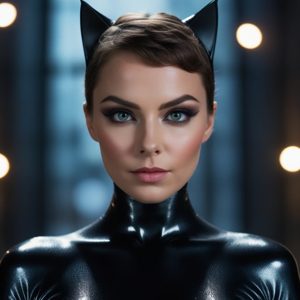 High detail RAW color, half body shot in frame, catwoman  dark makeup, (dramatic, mysterious, symmetrical background, lightshafts, dark:1.2), bokeh, shallow focus, f2, 85mm, (backlit:1.1), serious, moody, eos, skin_pores, 8k high definition, high detail eyes, highest quality, skin texture, masterpiece, best quality, 8k, cinematic lighting, (sharp focus:1.2), HDR, beauty, ultra-detailed, amazing,