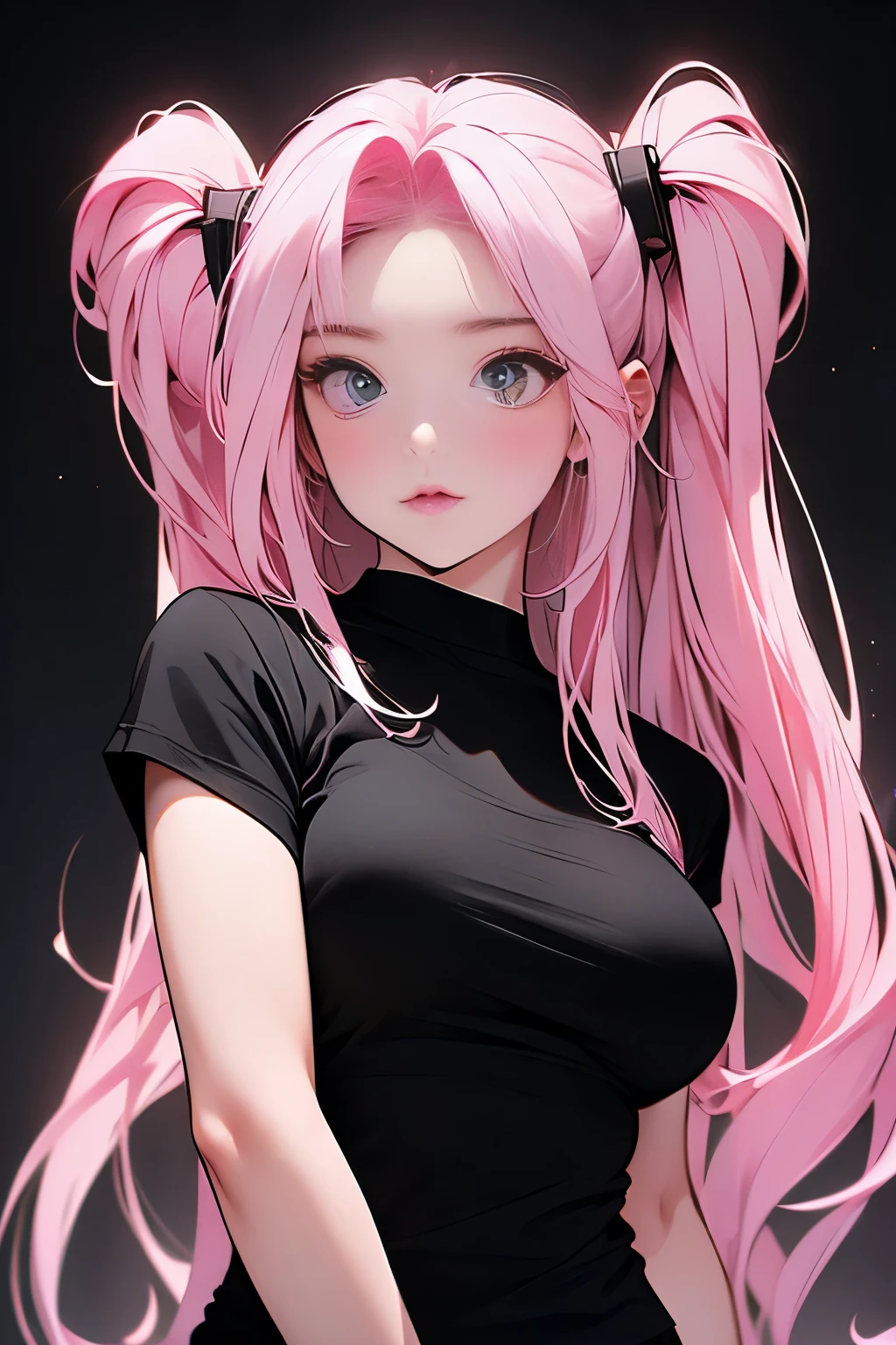 ((Upper body photo))、Cute face、Pink Hair、Long Hair、Twin tails、White skin、((Shooting from the front:1.5 ))、((Tight black t-shirt:1.5))。 ((Big Breasts)), Pointed nipples, masterpiece