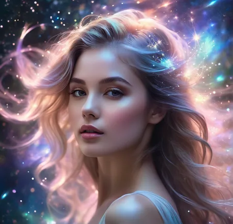 "graceful young woman with luminous skin, surrounded by shimmering aurora borealis, magical forest background, fairy-like appear...