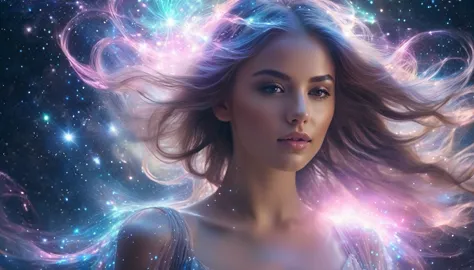 "beautiful ethereal young woman with flowing hair, standing amidst a swirling cosmic nebula, magical sparks and stardust surroun...