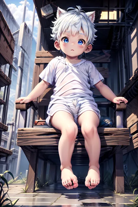 4k resolution, (masterpiece:1), 活気に満ちた小さなmaleの子, iridescent, blue eyes and bare feet, 勝利のpauseで腕を上げた, evocative of epic poetry, ...