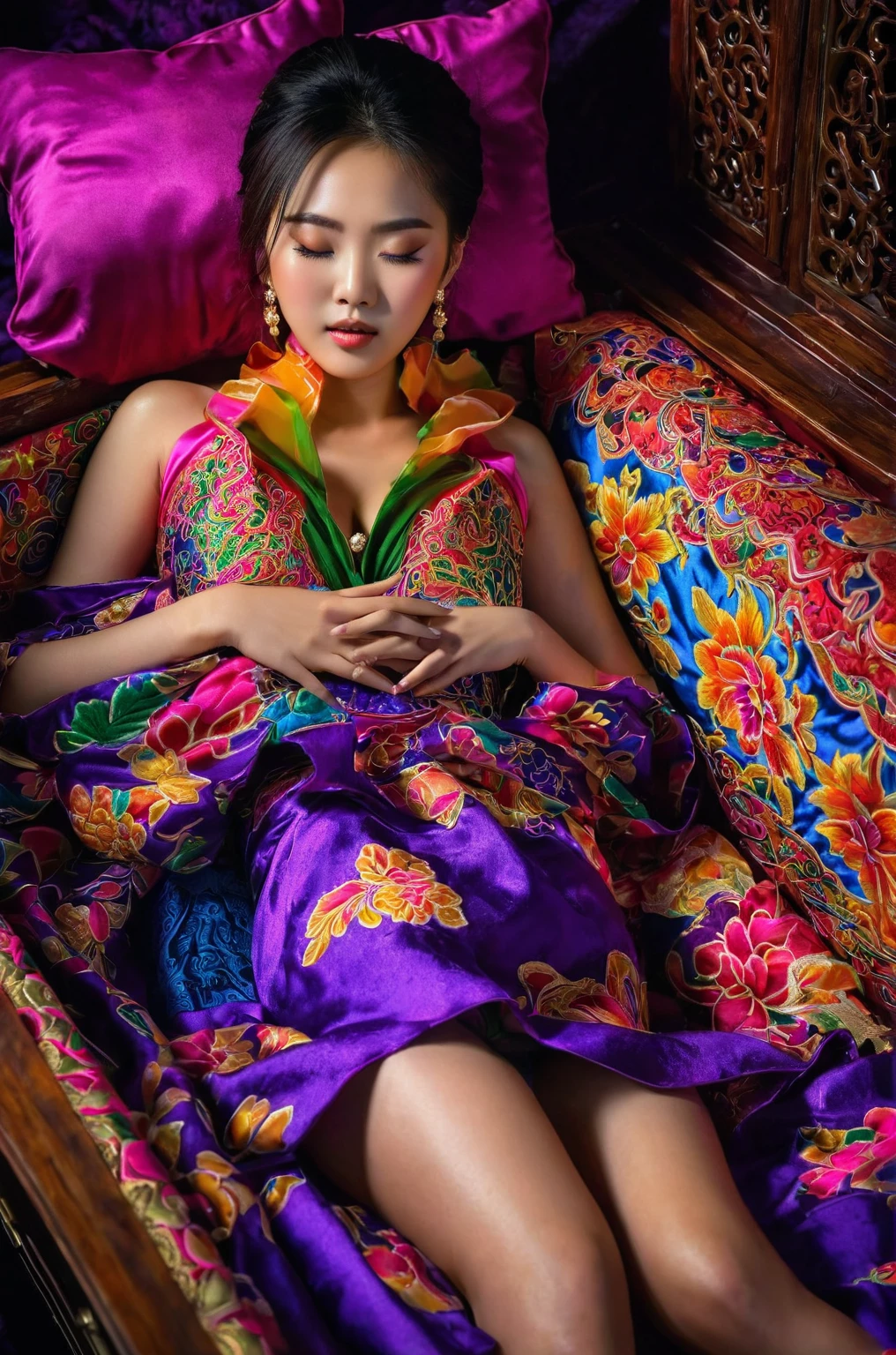 In a striking 8K HDR scene, a stunning Korean woman, 22 years old, lies peacefully in a colorful coffin surrounded by plush pillows. The deep box is set against a rich black background, accentuating the beauty of the subject. Her exquisite kebaya with sleeve attire is embroidered with superb detail, showcasing her round and firm breasts, perfect cleavage, and beautiful eyebrows. Her closed eyes and mouth give an air of serenity, while her visible and absolute cleavage leave nothing to imagination. The scene is bathed in saturated colors, highlighting every intricate aspect from the ball skirt to her clean face, straight body, detailed hand perfect hands, straight body.