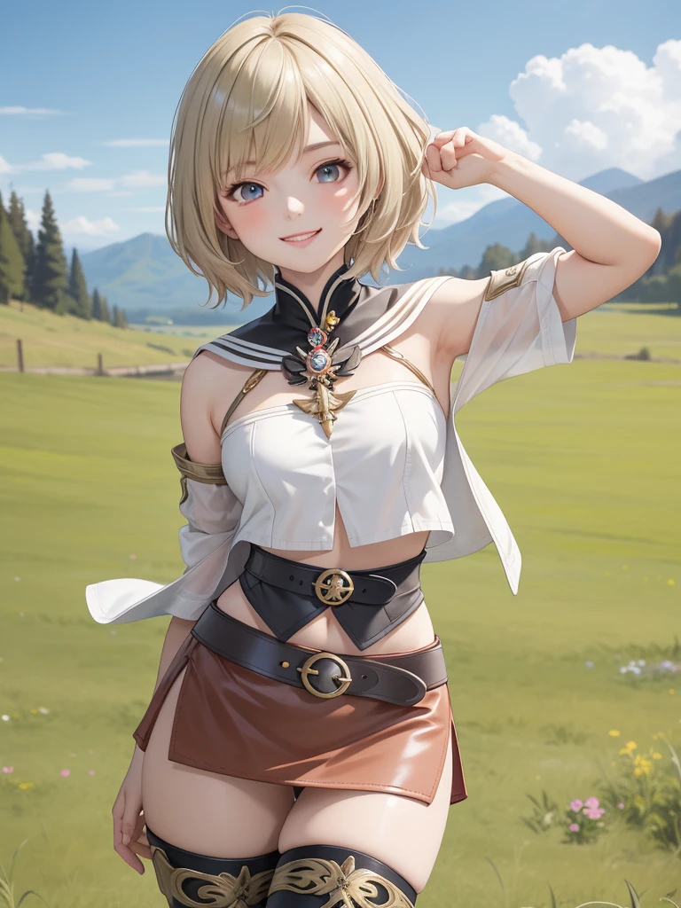 masterpiece, best quality, absurdres, perfect anatomy, 1girl, solo, Ashelia, short hair, AsheliaOutfit, miniskirt, thighhighs, jewelry, belt, standing, cowboy shot, smile, dynamic pose, dynamic angle, outdoors, plains, hills, (fashion model pose)