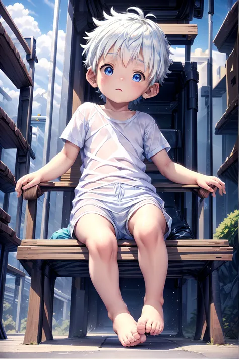 4K resolution, (masterpiece:1), 活気に満ちた小さなmaleの子, Iridescent, Blue eyes and bare feet, 勝利のPauseで腕を上げた, Evocative of epic poetry, ...