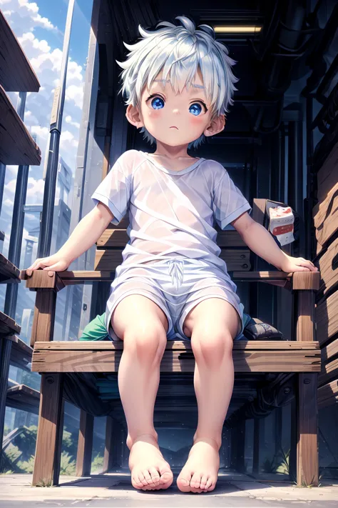 4k resolution, (masterpiece:1), 活気に満ちた小さなmaleの子, iridescent, blue eyes and bare feet, 勝利のpauseで腕を上げた, evocative of epic poetry, ...