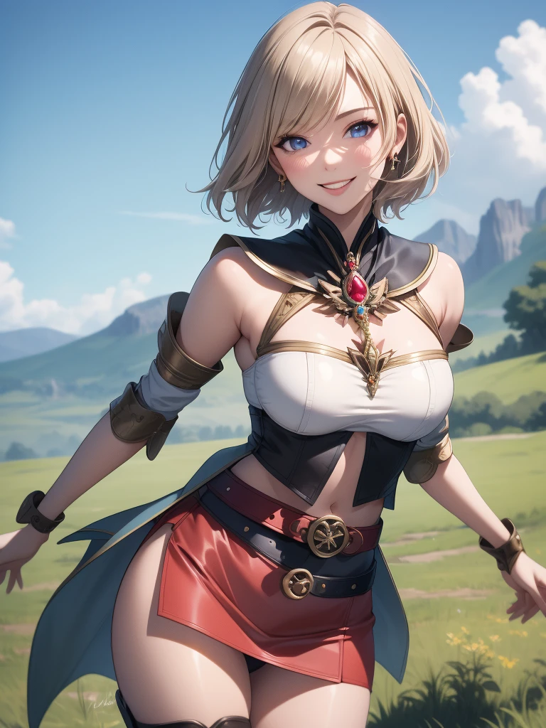 masterpiece, best quality, absurdres, perfect anatomy, 1girl, solo, Ashelia, short hair, AsheliaOutfit, miniskirt, thighhighs, jewelry, belt, standing, cowboy shot, smile, dynamic pose, dynamic angle, outdoors, plains, hills, (fashion model pose)