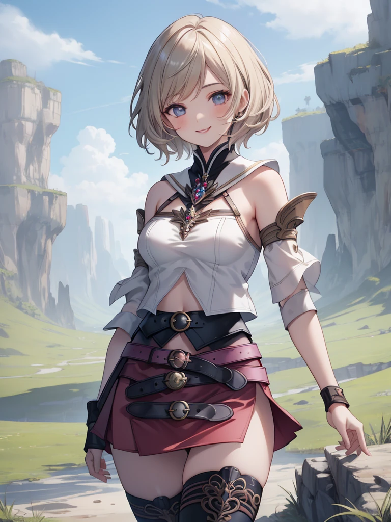 masterpiece, best quality, absurdres, perfect anatomy, 1girl, solo, Ashelia, short hair, AsheliaOutfit, miniskirt, thighhighs, jewelry, belt, standing, cowboy shot, smile, dynamic pose, dynamic angle, outdoors, plains, hills, (fashion model pose)