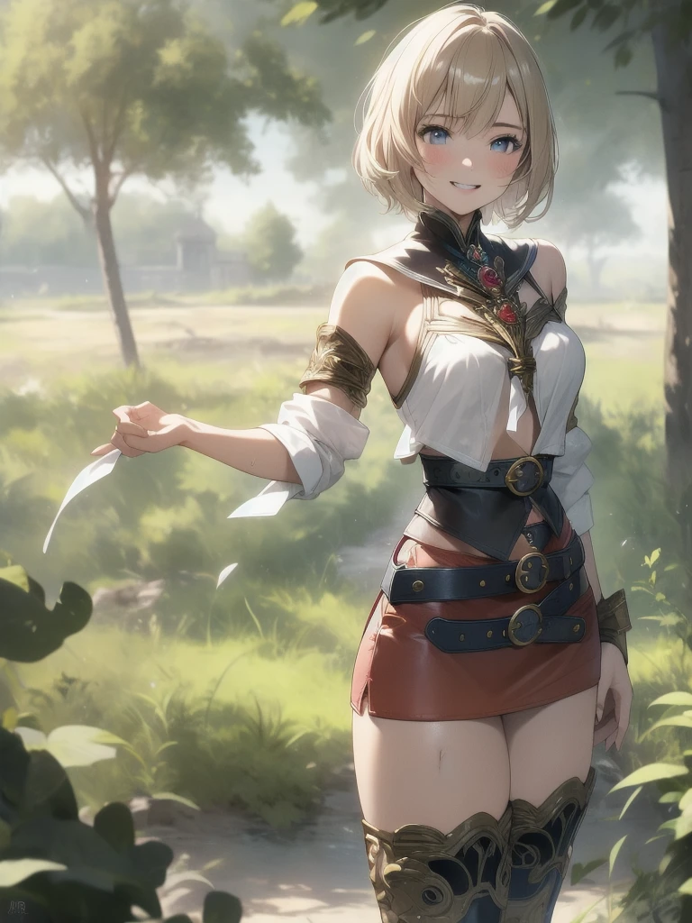 masterpiece, best quality, absurdres, perfect anatomy, 1girl, solo, Ashelia, short hair, AsheliaOutfit, miniskirt, thighhighs, jewelry, belt, standing, cowboy shot, smile, dynamic pose, dynamic angle, outdoors, plains, hills, (fashion model pose)