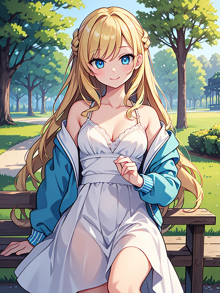 masterpiece, Highest quality, One girl, beautiful, Are you okay, delicate, Very complicated, detailed, Blonde, Jacket, blue eyes, ((masterpiece)), extremely detailed, Highest quality, High resolution, ((at the park)), Bridget, smile,  