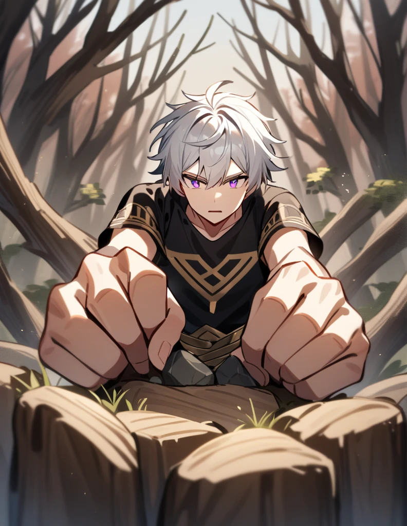 Greek boy with white hair, violet eyes, wearing an all-black Greek shirt with small gold details, with his arms covered in bandages, pushing a large stone with his arms, with a red forest of dry trees in the background