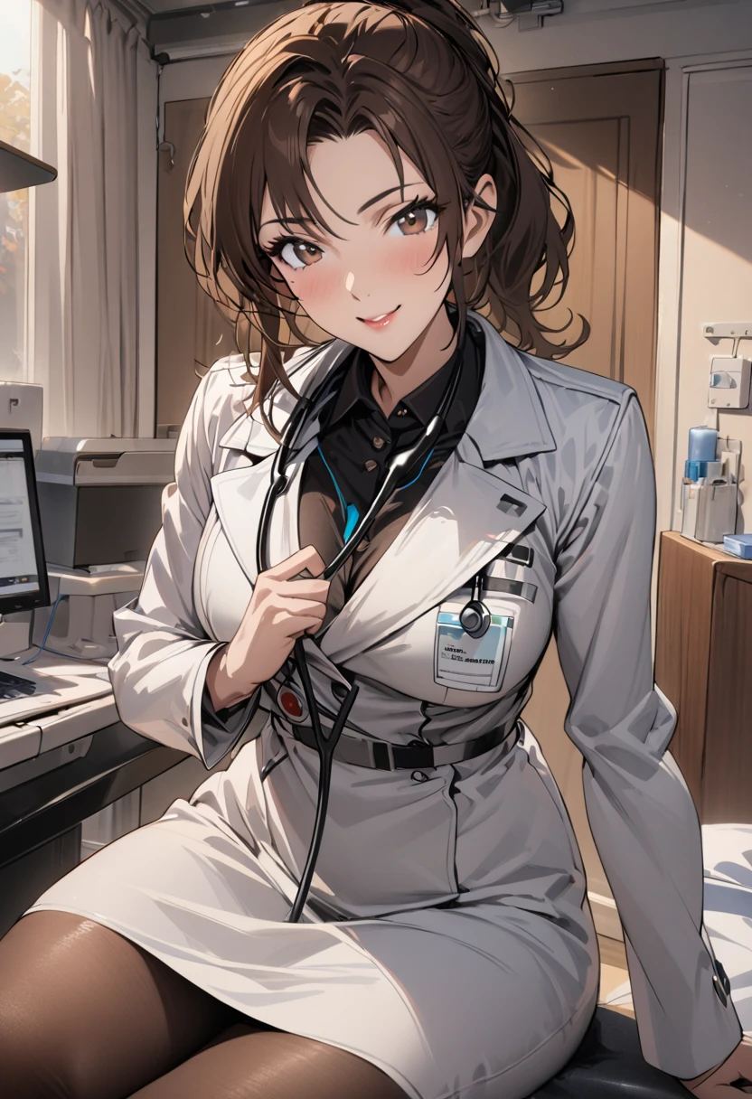 1 lady only, sitting down, (looking at the viewers), (white labcoat) stylish outfit, mature woman, /(dark brown hair/) bangss, kind smile, (masterpiece best quality:1.2) ultra-detailed delicate illustration, breasts big, pantyhose, /(NECK STETHOSCOPE/) break (hospital examination room) Inside the house, Desktop, detailed and bare background