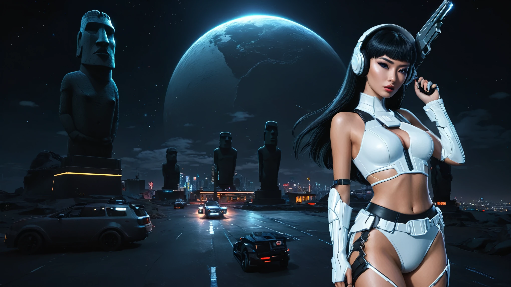 At night, dark sky, distant shot aerial view of fantasy cyberpunk style ice ((Moai-statue)) city, ((flying car)). ((1girl, solo, alone)), medium-breast:1.1 slim body, cleavage, sexy clothes, (headphone, black sunglasses, long black realistic hair), (((hip-up standing and holding pistol))), (((((half-body thigh level medium shot))))), cinematic lighting, lens flare, ray tracing.