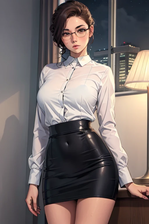 ((Night, Realistic Light, Best Quality, 8K, Masterpiece: 1.3)), 1girl, Slim Beauty: 1.4, (Brown hair, updo hairstyle, large breasts: 1.3), Standing, inside infirmary room school, inside infirmary school room, 
2 hands rise at back of the head, glasses, blushes, shy, wearing long sleeve shirt((white shirt only)), wearing black pencil skirt, 