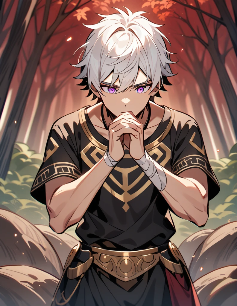 Greek boy with white hair, violet eyes, wearing an all-black Greek shirt with small gold details, his arms covered in bandages, rolling a large stone with his hands, with a red forest of dry trees in the background