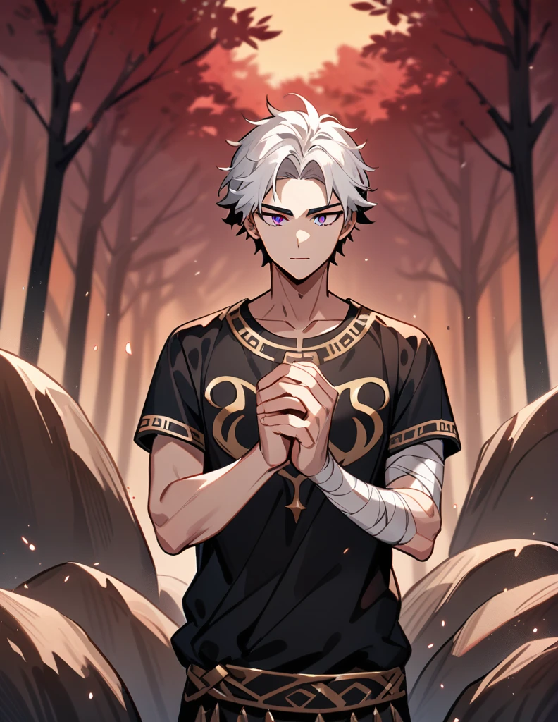 Greek boy with white hair, violet eyes, wearing an all-black Greek shirt with small gold details, his arms covered in bandages, rolling a large stone with his hands, with a red forest of dry trees in the background