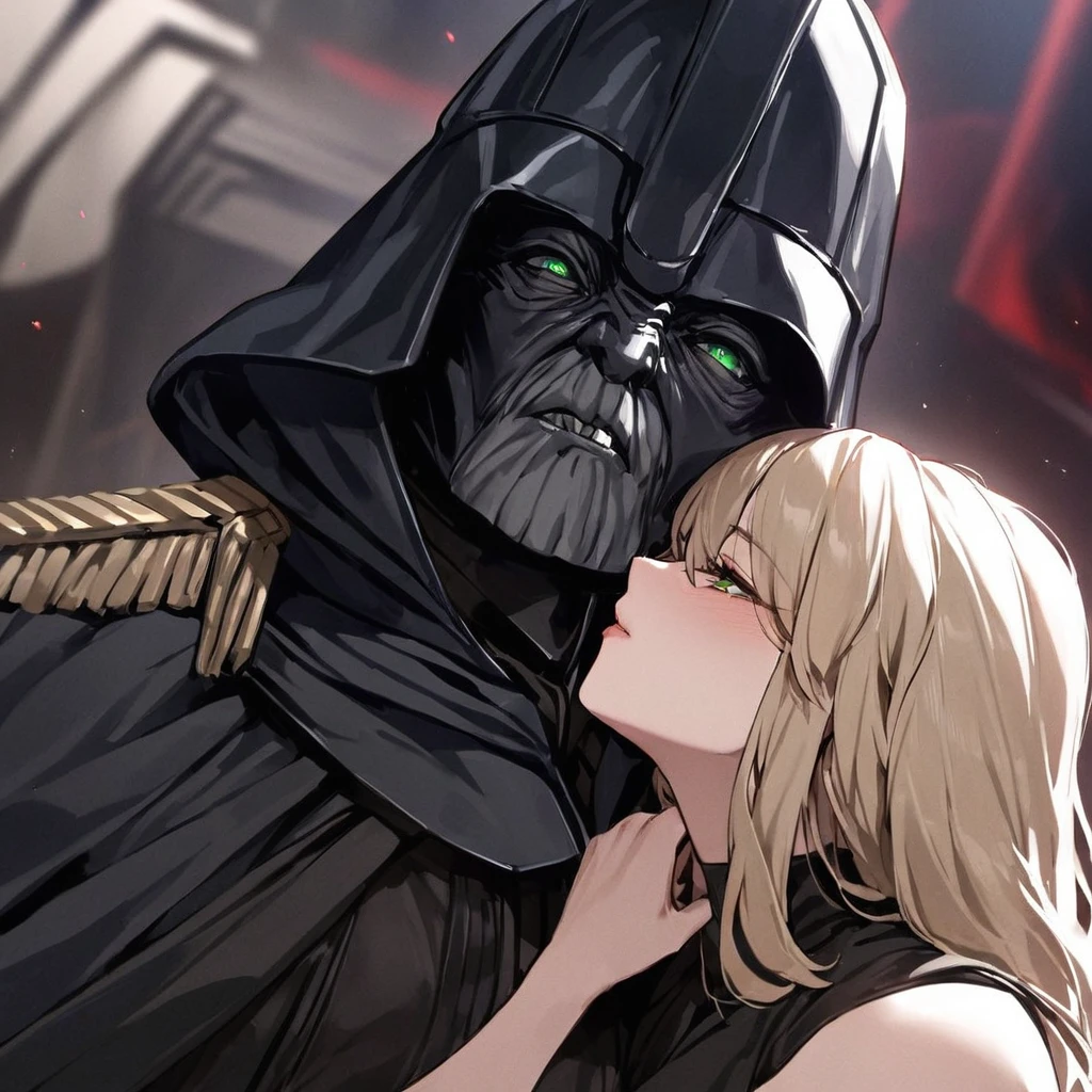 ((Highest quality)), ((masterpiece)), (detailed), （Perfect Face）、The woman is Tiare, a beautiful Space Imperial Army officer with green eyes and medium-long blonde hair, wearing a Space Imperial Army uniform and military cap.、The woman pledges her loyalty to Emperor Palpatine, and they embrace, love, and kiss.、The woman is standing close to the Emperor, and the dignified old Emperor Palpatine is holding her close, kissing her and loving her.、The man is Darth Sidious, Emperor Palpatine, Dark Lord of the Sith, a wrinkled, dignified, ugly old man wearing a black hooded robe, embracing, kissing and fondling a woman.