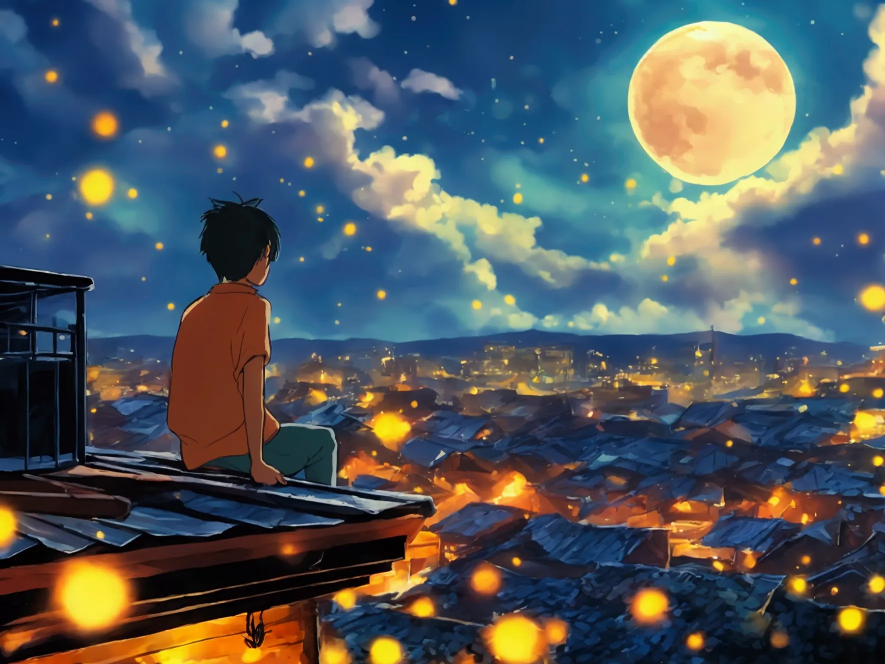 A boy is sitting on a roof on a moonlit night..