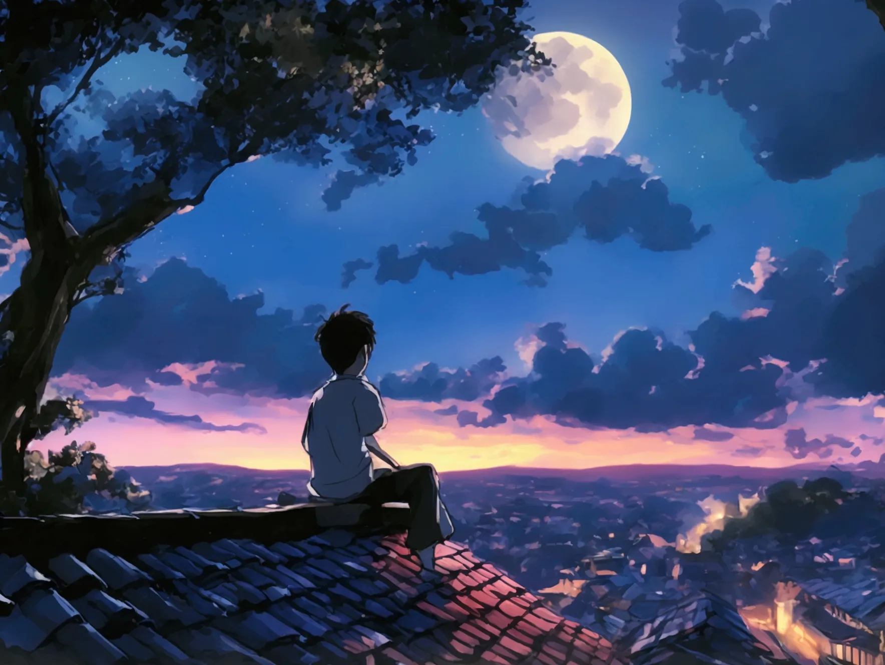 A boy is sitting on a roof on a moonlit night..