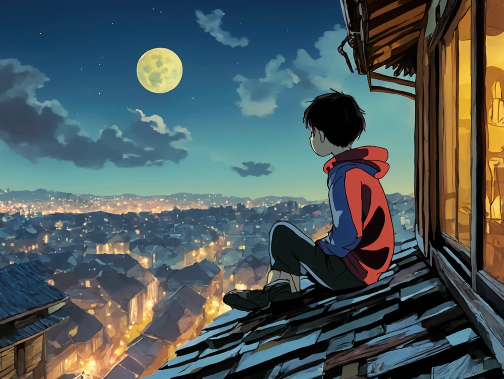 A boy is sitting on a roof on a moonlit night..