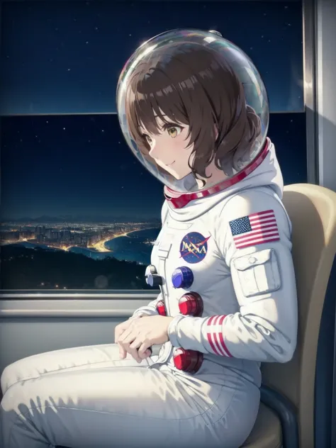 space helmet, (cinematic scene, sitting on a chair, train interior, , city view, night view: 1.5), space helmet, eva helmet, spa...