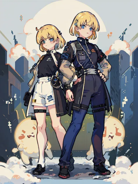 (((Full Body))) (((Twins))) ((Detailed)) They are boys 12-year-old twin with blonde and short hair. One has an energetic and cur...