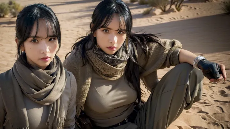 sexy top, gloves, serious face, black cargo pants, combat knife, desert scarf, scarf covering mouth, desert oasis, extremely det...