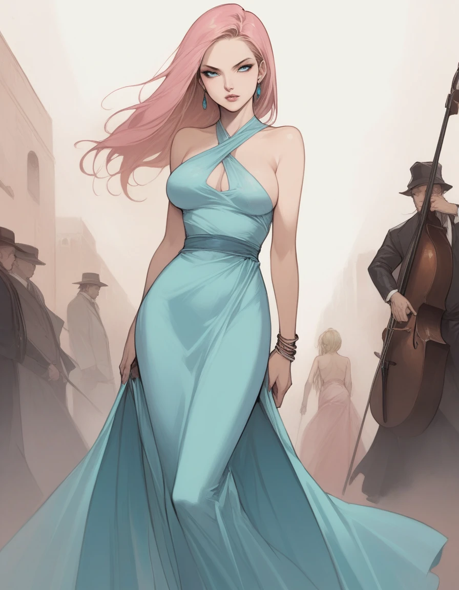 dans une rue lumineuse avec une Bugatti derrière Illustration dans le style de Harrison Fisher, Jérémie Mann, Alexandre Cabanel, et Tomer Hanuka, d&#39;une dame incroyablement belle sexy grande grosse décote em V Angelina jolie fille Power fênix + Avril Lavigne vêtue d&#39;une robe longue, debout avec la contradiction des sandales pour hommes, atmosphère qui équilibre le délicat et le robuste, des teintes pastel douces pour la robe rose bleu contrastant avec leur robustesse, extérieur en cuir, des textures qui jouent les tons comme si