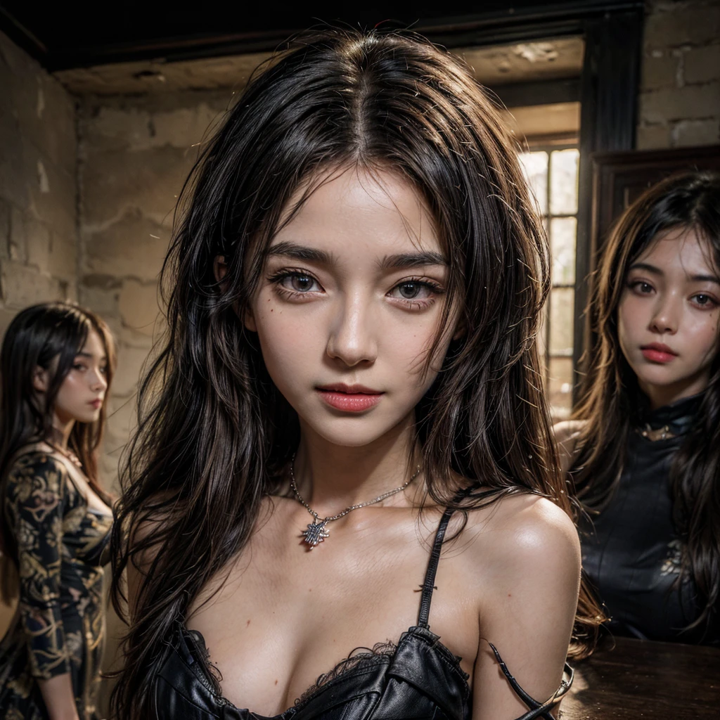 (msterpiece:1.3), (8k, RAW photo, best quality: 1.4), beautiful face, beautiful hairstyle, beautiful detailed eyes, beautiful skin, ultra high res, highly detailed,NSFW, 3 girls in abandoned underground prison cell, big breast,facial close up,necklace,arms behind back,evil smile,knife,light long hair, ultra detailed skin,Heavy makeup, flower hairpin, naked,colorful patterned lace dress,half body,muddy water on ground,