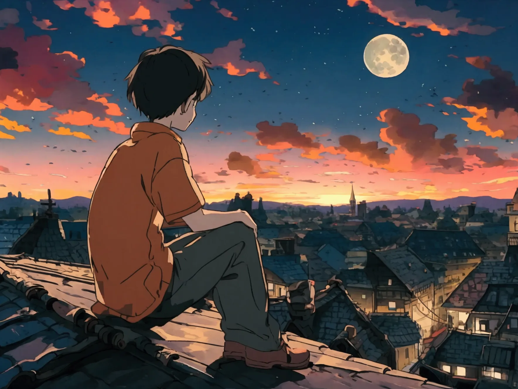 a boy is sitting on a roof on a night when the moon is high..