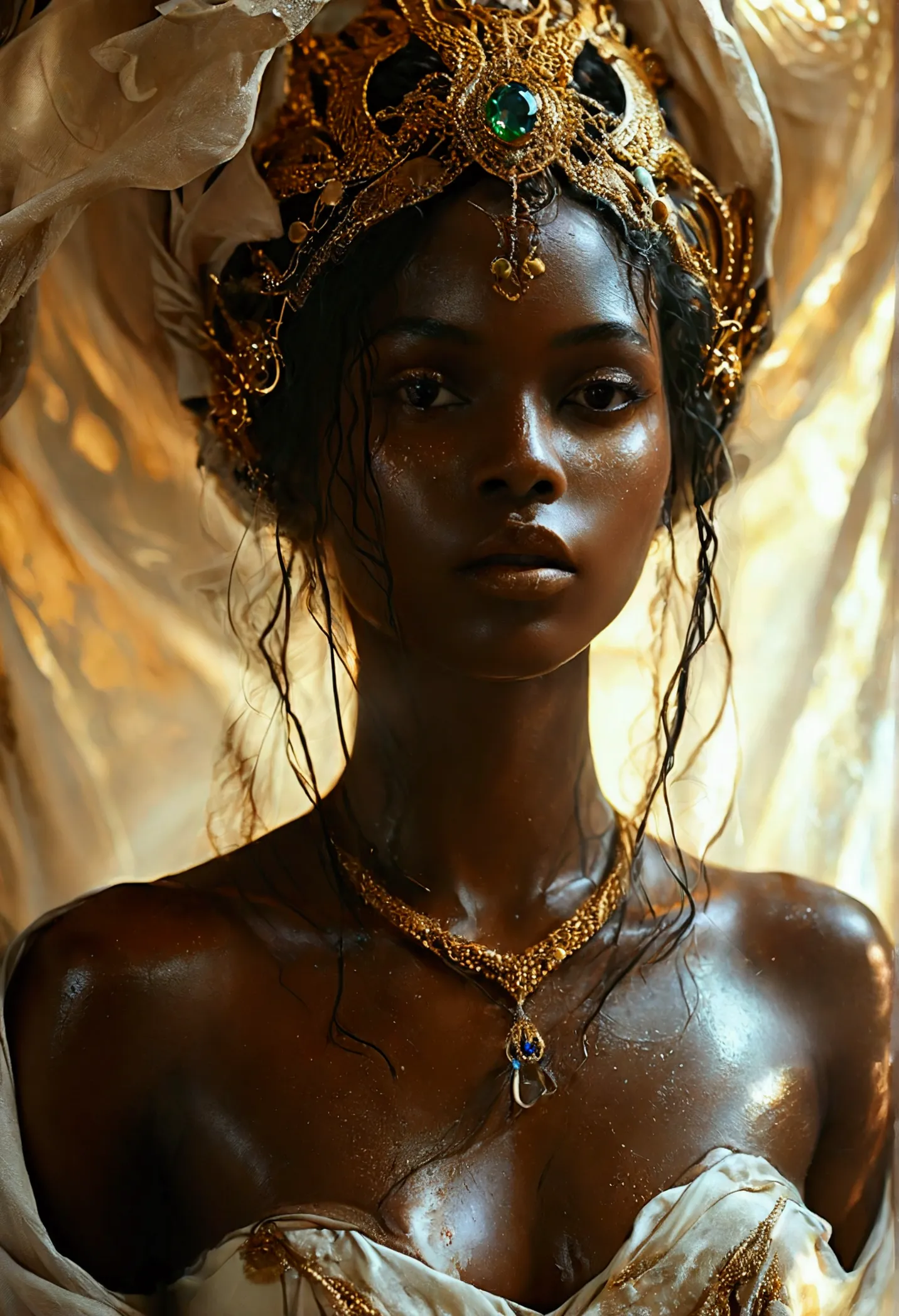 "capture an extraordinary image of a dark-skinned goddess, displaying a wonderful body and extremely captivating beauty. the rep...