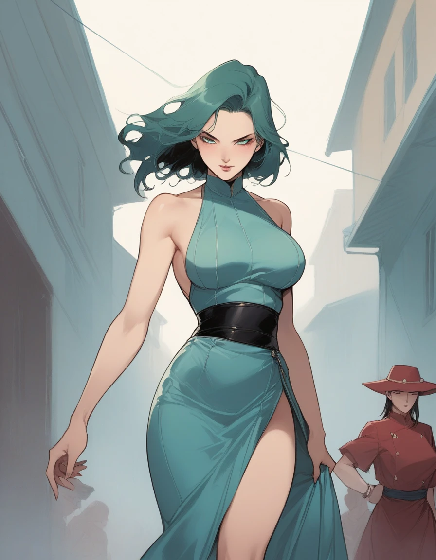 auf einer hellen Straße mit einem Bugatti dahinter Illustration im Stil von Harrison Fisher, Jeremy Mann, Alexandre Cabanel, und Tomer Hanuka, einer atemberaubend schönen Dame sexy großer großer V-Ausschnitt Cassandra Girl Power Phönix + Sarada Naruto in einem eleganten Kleid gekleidet, an Ihren Füßen mit dem Widerspruch einer Herrensandale, Atmosphäre, die das Zarte und das Raue im Gleichgewicht hält, weiche Pastelltöne für das Kleid rot blau Grün kontrastieren ihre robusten, Leder außen, Texturen, die Ton in Ton spielen, als ob bei