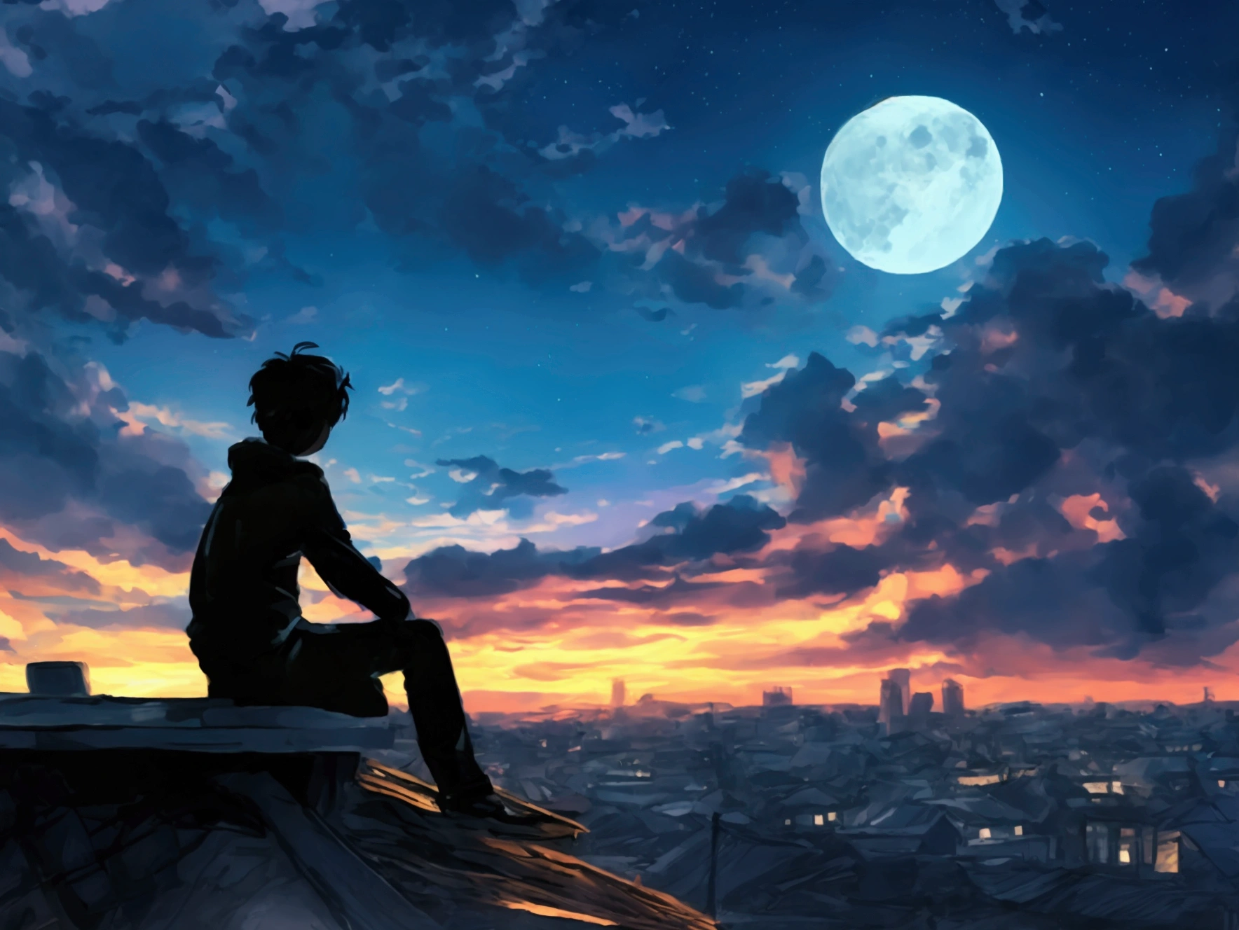 A boy is sitting on a roof on a night when the moon is high..