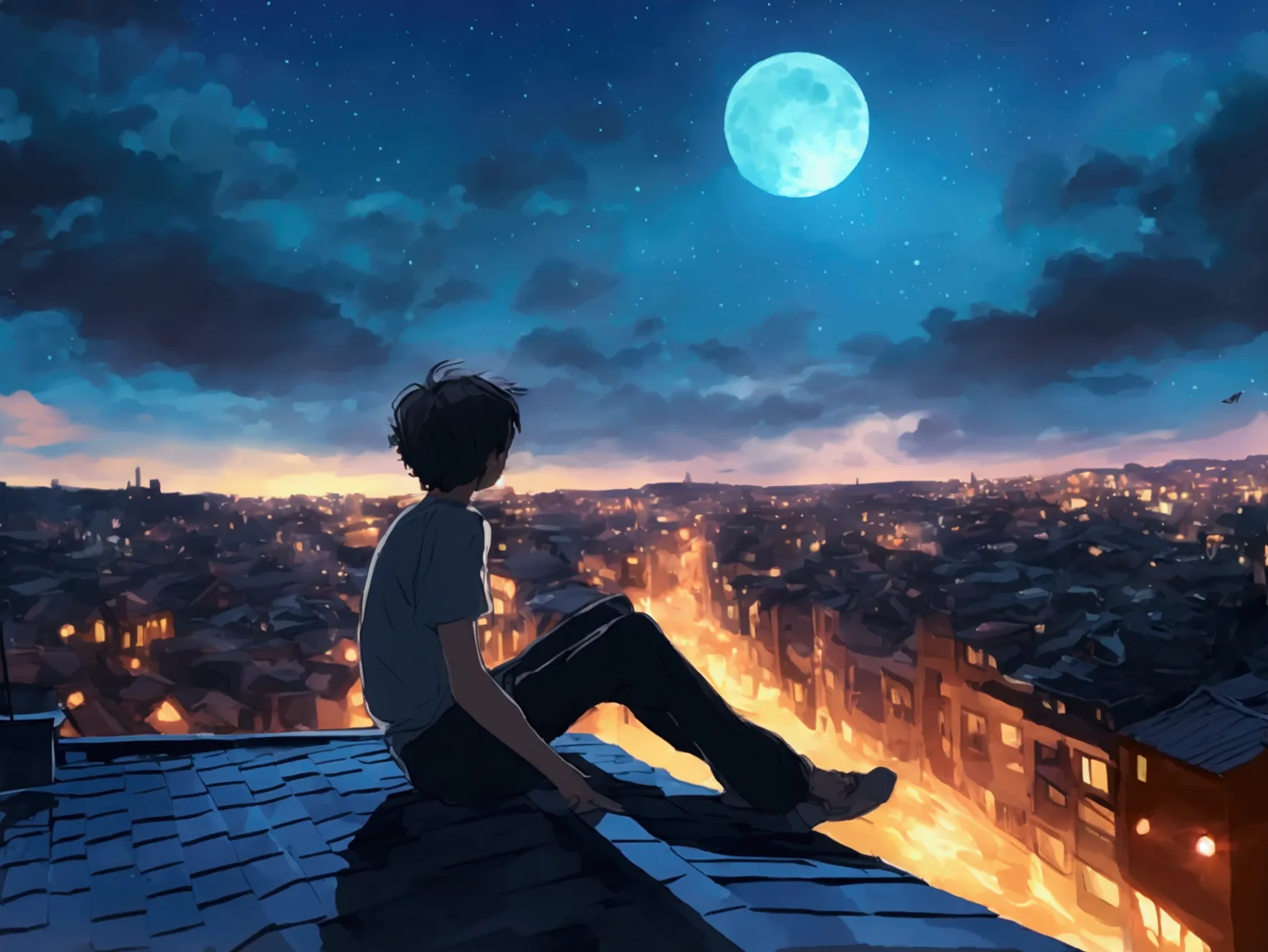 A boy is sitting on a roof on a night when the moon is high..