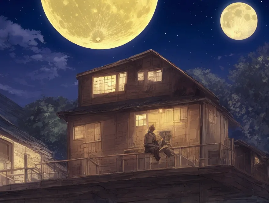 A boy is sitting on a roof on a night when the moon is high..
