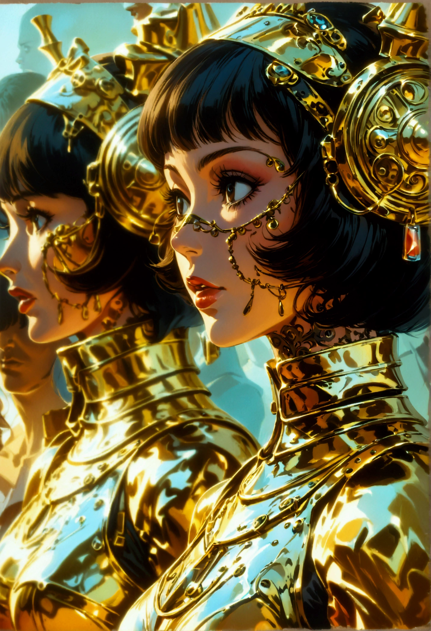 Close-up of a woman in a corset with a group of people, Edwards Poster Art, Gold and bronze armor, mechanical, Seventies, Ester-like face, 1970s Women Live, Keyframe, Doll Punk, Wearing a gold ring on the chest, Barbarela, Metal, mechanicalanical, mechanicalanical superstructure  