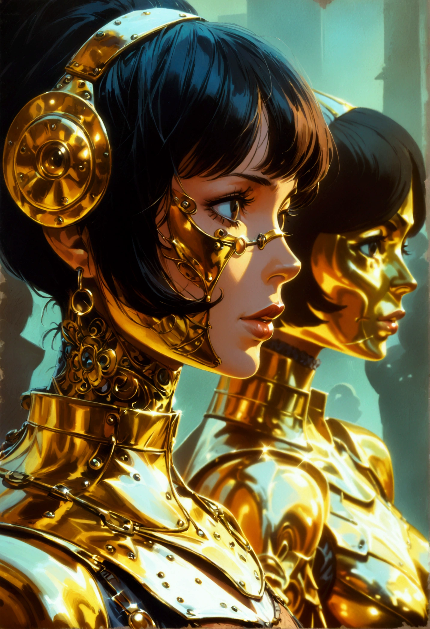 Close-up of a woman in a corset with a group of people, Edwards Poster Art, Gold and bronze armor, mechanical, Seventies, Ester-like face, 1970s Women Live, Keyframe, Doll Punk, Wearing a gold ring on the chest, Barbarela, Metal, mechanicalanical, mechanicalanical superstructure  