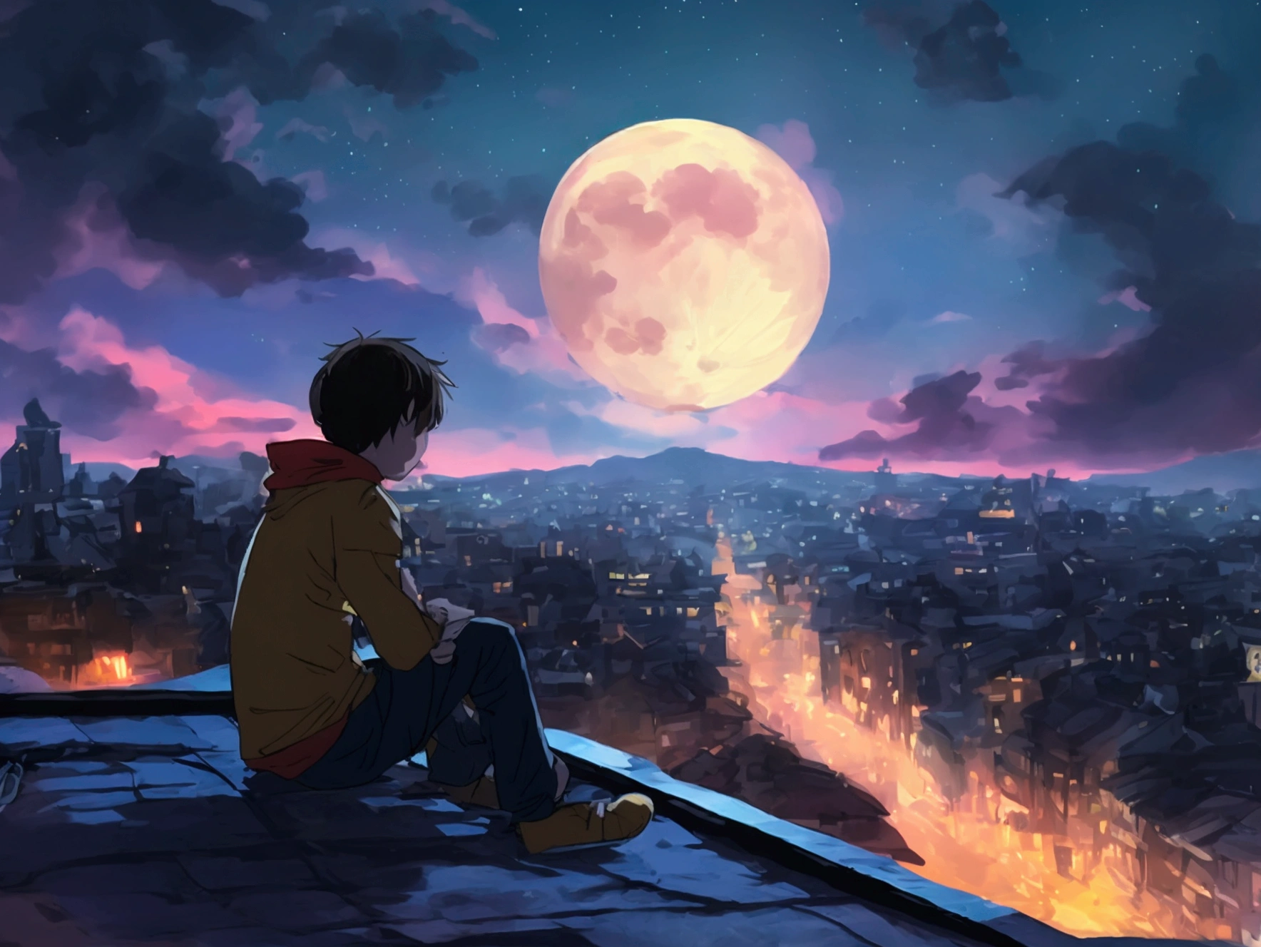 A boy is sitting on a roof on a night when the moon is high..