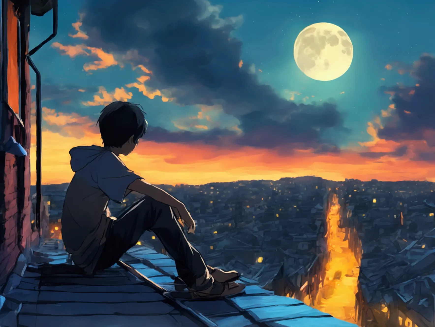 A boy is sitting on a roof on a night when the moon is high..