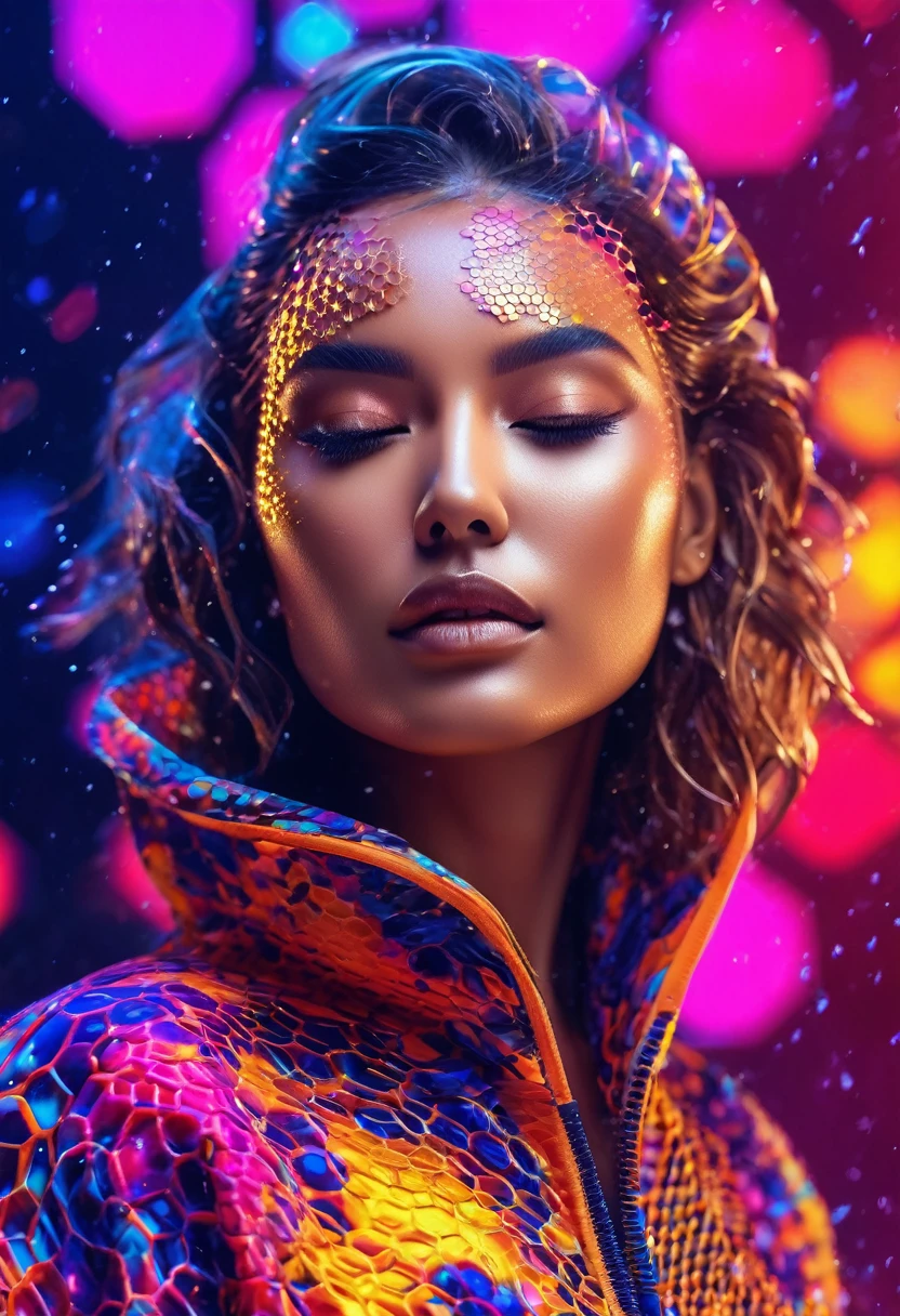 masterpiece,best quality,woman,closed eyes,  
 splashing,abstract,psychedelic,neon,(honeycomb pattern deepv v outfit),(creative:1.3),sy3,SMM,fantasy00d, ultra clear