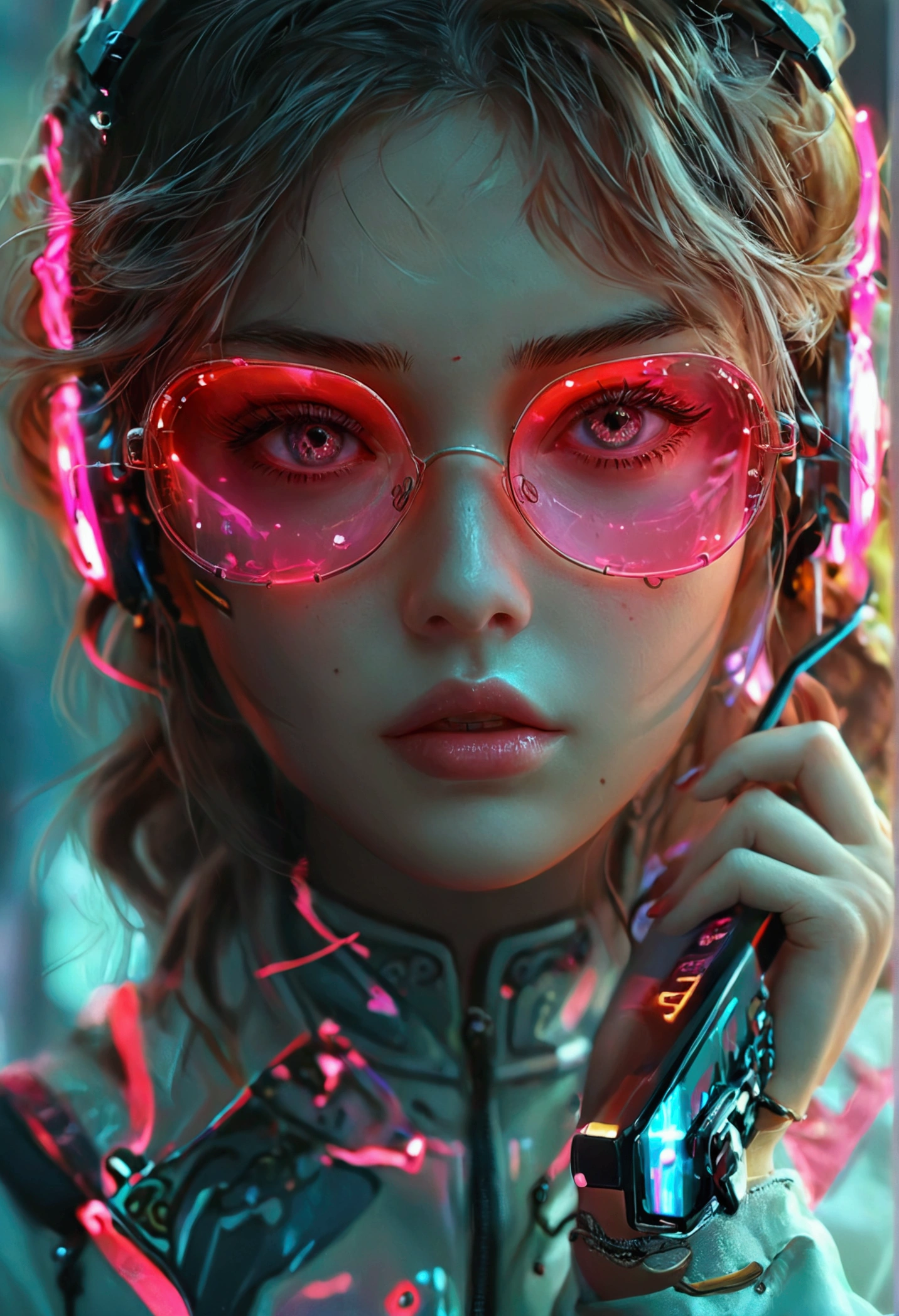 ((Beautiful girl holding a mobile phone in her hand)) 4K  8K:: Realistic::4. Cyberpunk::1 --v 4 --Quality 2  