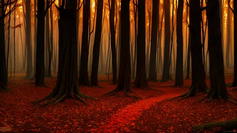 an eerie autumn forest lit by candles, ultra HD, candles, tenebrosa, hight contrast, 8K, bright and vivid colors, (intense light...