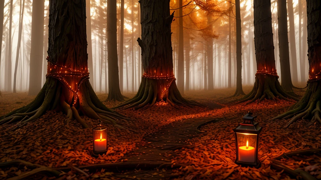 an eerie autumn forest lit by candles, ultra HD, candles, tenebrosa, hight contrast, 8K, bright and vivid colors, (intense lighting: 1.3), award wining masterpiece, extremely detaild, cinematic,