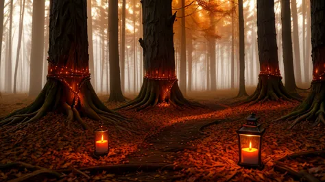 an eerie autumn forest lit by candles, ultra HD, candles, tenebrosa, hight contrast, 8K, bright and vivid colors, (intense light...