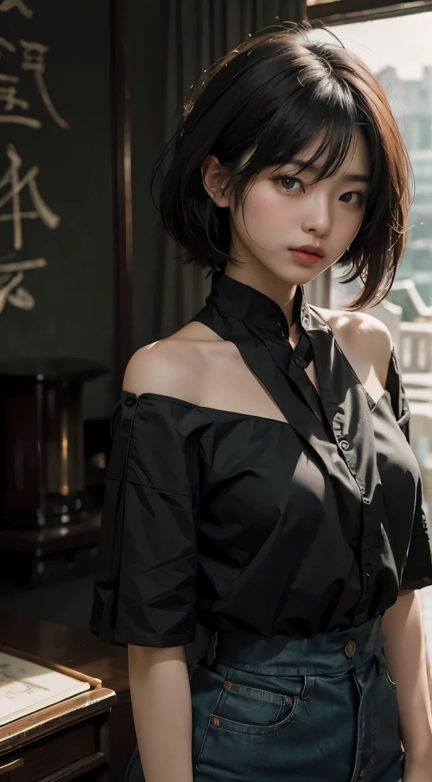 best quality，masterpiece，ultra high resolution，（fidelity：1.4），RAW photographer，1 woman，cropped shoulder，cinematic lighting，Asian Girl，komono，long black hair