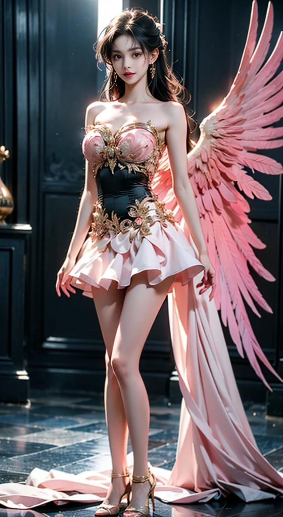 death,death,strapless dress,feathered wings,Pink wings, ((Bare shoulders)), ((Full breasts)), ((The skirt is short)), ((Sexy legs)), ((knee shot)), ((Standing, Elegant posture)), meishaonv, Cute Girl, Beauty, Practical, Fashion Girl, Red lips, Mature women, Exquisite makeup, big eyes, beautiful, (best quality, masterpiece:1.2), Extremely detailed, (Practical:1.37), ((Random Scenes, Random shooting angle)), ((Sexy long legs)), Young and energetic, Charming model, (Exquisite eyes, Delicate lips), Show a bright smile, Create stunning girl images, warm color, Extremely saturated colors, Official Art, Extremely detailed的 CG, Unity 8K wallpaper, (High Dynamic Range :1.4), (Movie atmosphere),(Soft colors), (Natural skin texture, ultra-Practical, Soft Light, sharp),(Very detailed), night, moonlight