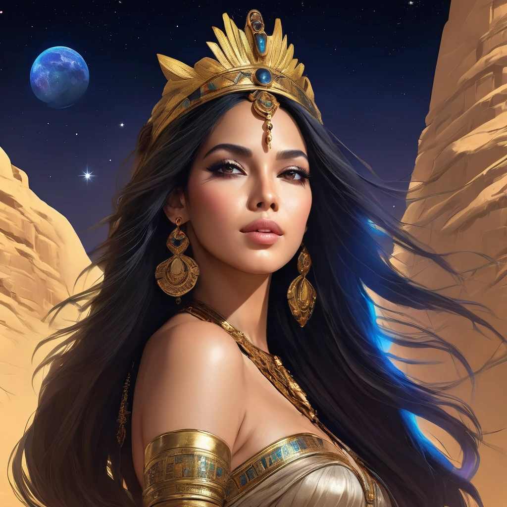 (bust:1.4), Low - Angle:1.4, Desert Princess, Beautiful woman with long black hair, Detailed face, Deep Eyes, ふっくらAnd唇, Wearing a gold crown, Detailed starry sky,Vast desert and the Sphinx, Dramatic lighting, A gorgeous column, rich fabric, (Highest quality,4K,8K,High resolution,masterpiece:1.2),Super detailed,(Realistic,photoRealistic,photo-Realistic:1.37),Intricate details,Cinema Lighting,Chiaroscuro,Dramatic Shadows,Warm color palette,Dramatic Pose, Beautiful Egyptian Queen,Hall々And,elegant,Majestic