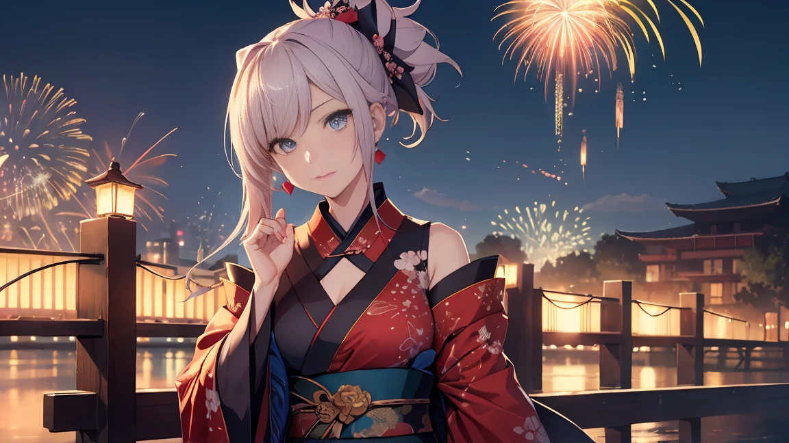 Browsing Caution　(Highest quality:1.5, High resolution, 超High resolution, 4K, Detailed lighting, One woman at the center、Beautiful hands、Beautiful fingers、Shaders)miyamoto musashi asymmetrical hair, blue eyes, Earrings, hair ornaments, Pink Hair, ponytail, Side Lock, break bare shoulders, blue kimono, Removable sleeves, elbow sleeve, kimono, kimono, heart, sash, Sleeveless, Sleeveless kimono, break outdoors, city, break looking at viewer, break (masterpiece:1.2), Highest quality, High resolution, unity 8k wallpaper, (shape:0.8), (Beautiful details:1.6), Highly detailed face, Perfect lighting, Extremely detailed CG, (Perfect hands, Perfect Anatomy),Coastline at night、Lots of fireworks background、