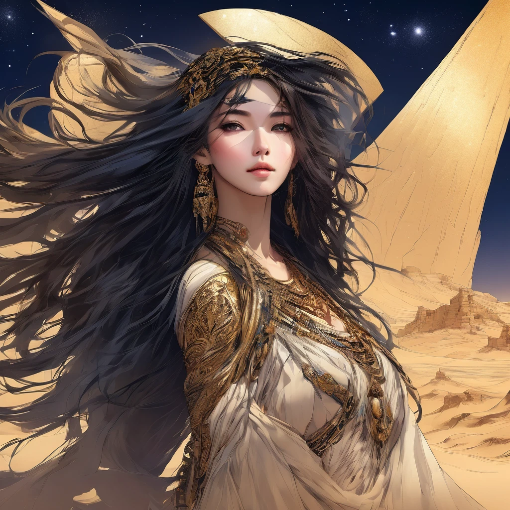 (bust:1.4), Low - Angle:1.4, Desert Princess, Beautiful woman with long black hair, Detailed face, Deep Eyes, ふっくらAnd唇, Wearing a gold trliara, Detailed and vast starry sky,Vast desert, Dramatic lighting, A gorgeous column, rich fabric, (Highest quality,4K,8K,High resolution,masterpiece:1.2),Super detailed,(Realistic,photoRealistic,photo-Realistic:1.37),Intricate details,Cinema Lighting,Chiaroscuro,Dramatic Shadows,Warm color palette,Dramatic Pose, Beautiful Egyptian Queen,Hall々And,elegant,Majestic