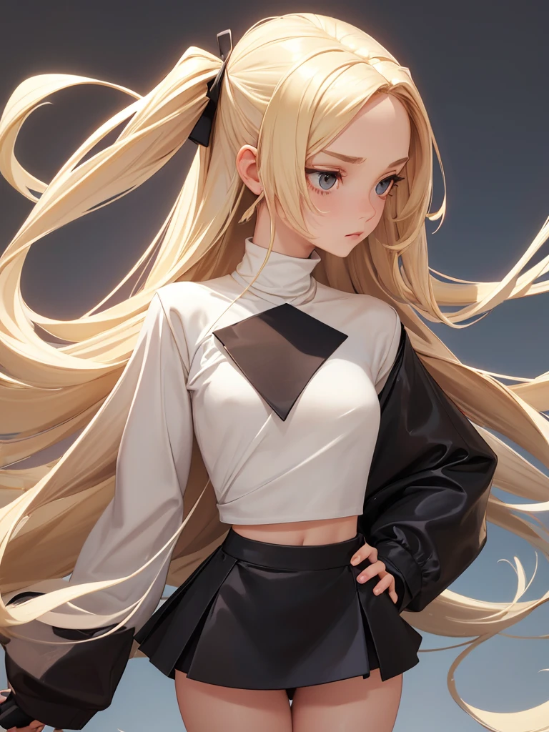 (best quality), 1girl, female, porcelain skin, blonde hair, straight hair, medium hair, swoopy tips, Flipped-up ends, brown eyes, perfect eyes, crop turtleneck top, black skirt, slender, , small bust, shy, masterpiece, anatomically correct, highres
